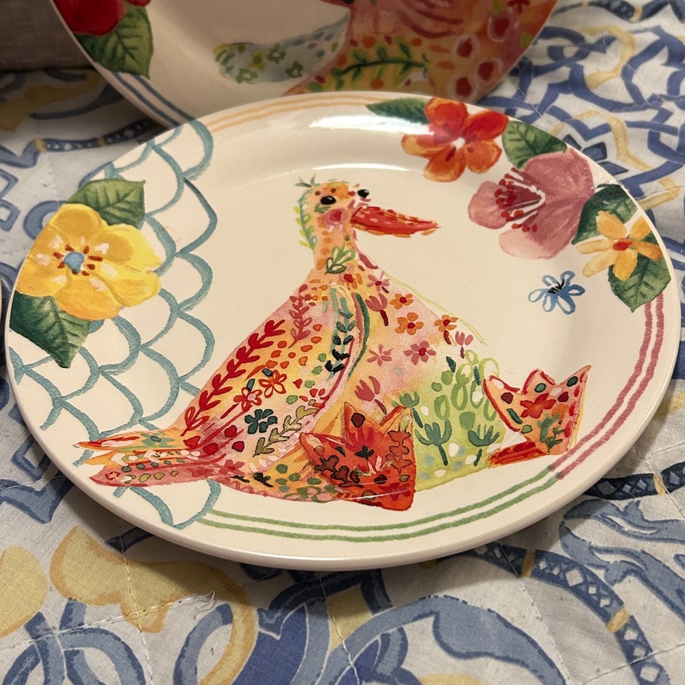 Pier 1 Ironstone Hello Spring 4 Salad Plates Floral 9” Duck Bird Bunny Rabbit - Picture 3 of 6